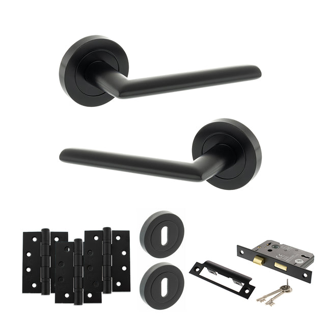 Quality image of STATUS Alabama Door Handle Pack (3 Lever Lock Set - 3" CE Sashlock, 4" Fire Rated Hinges x3) - Matt Black | Sku. adps43rmb17 | available from Trade Door Handles.