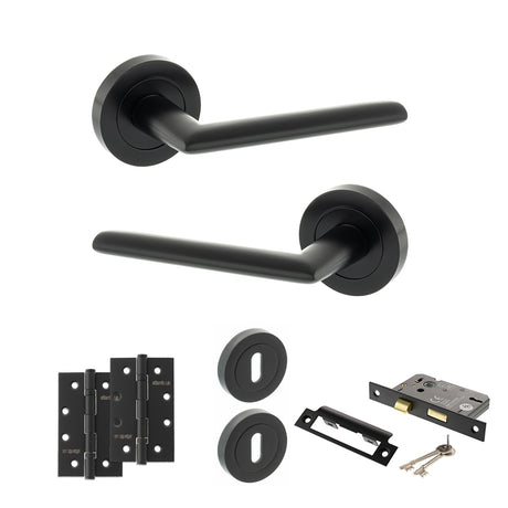 Quality image of STATUS Alabama Door Handle Pack (3 Lever Lock Set - 3" CE Sashlock, 4" Slim Knuckle Hinges x2) - Matt Black | Sku. adps43rmb19 | available from Trade Door Handles.