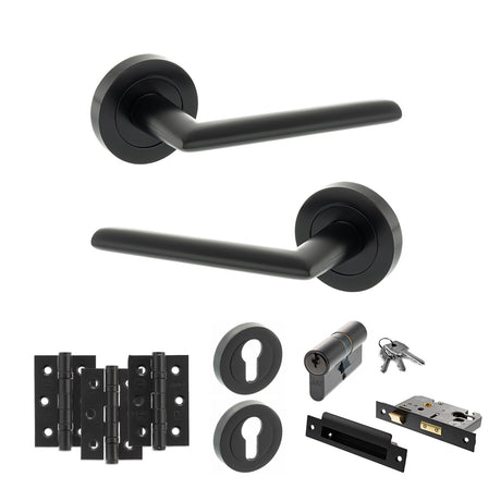 Quality image of STATUS Alabama Door Handle Pack (Euro Lock Set - 2.5" CE Sashlock, 3" Fire Rated Hinges x3) - Matt Black | Sku. adps43rmb20 | available from Trade Door Handles.