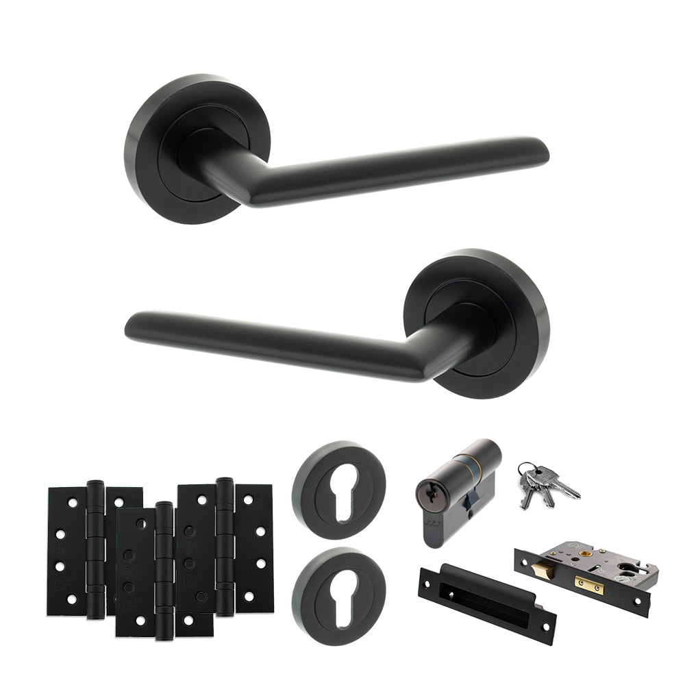 Quality image of STATUS Alabama Door Handle Pack (Euro Lock Set - 2.5" CE Sashlock, 4" Fire Rated Hinges x3) - Matt Black | Sku. adps43rmb22 | available from Trade Door Handles.