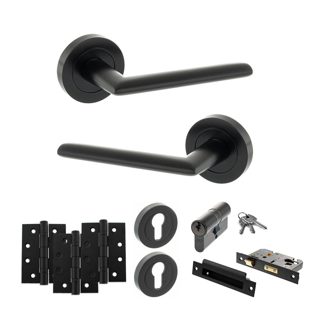 Quality image of STATUS Alabama Door Handle Pack (Euro Lock Set - 2.5" CE Sashlock, 4" Fire Rated Hinges x3) - Matt Black | Sku. adps43rmb22 | available from Trade Door Handles.