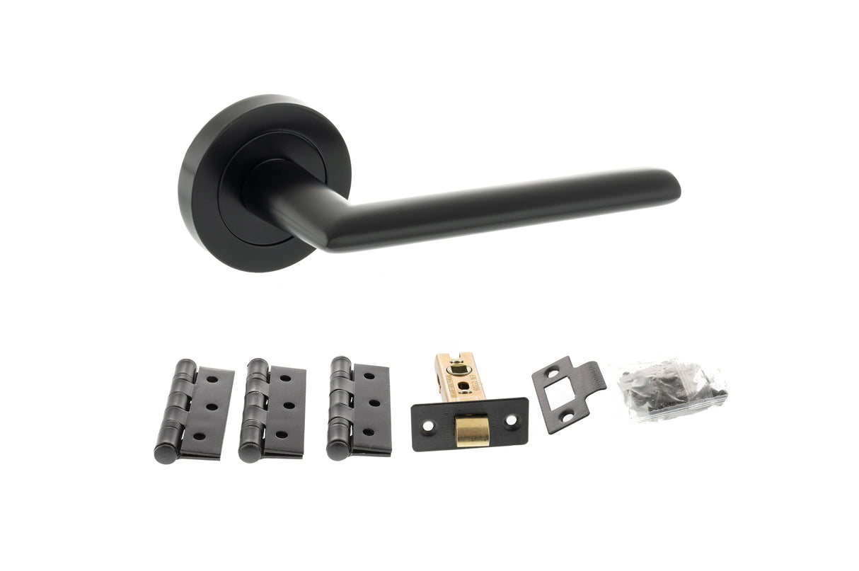 Quality image of STATUS Alabama Door Handle Pack (Latch Set - 2.5" CE Latch, 3" Fire Rated Hinges x3) - Matt Black | Sku. adps43rmb1 | available from Trade Door Handles.