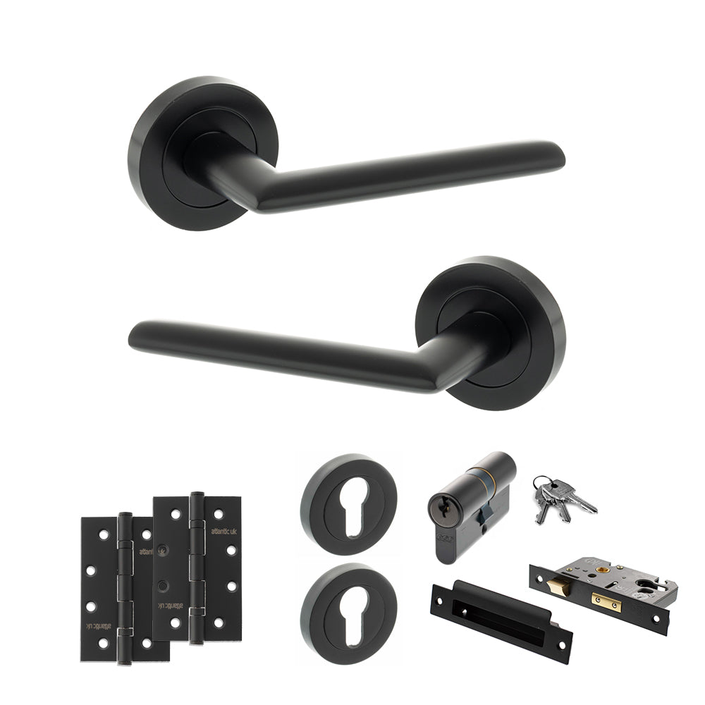 Quality image of STATUS Alabama Door Handle Pack (Euro Lock Set - 3" CE Sashlock, 4" Slim Knuckle Hinges x2) - Matt Black | Sku. adps43rmb25 | available from Trade Door Handles.