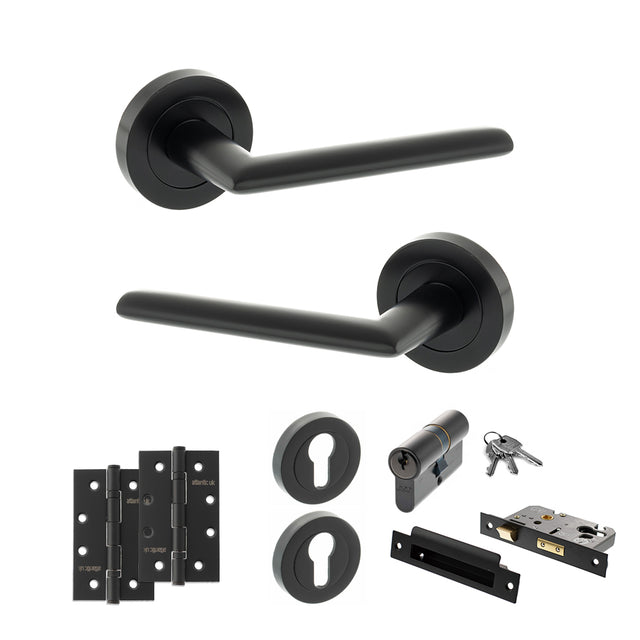 Quality image of STATUS Alabama Door Handle Pack (Euro Lock Set - 3" CE Sashlock, 4" Slim Knuckle Hinges x2) - Matt Black | Sku. adps43rmb25 | available from Trade Door Handles.