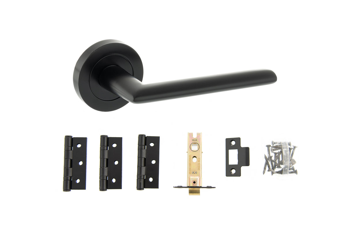 Quality image of STATUS Alabama Door Handle Pack (Latch Set - 3" CE Latch, 3" Fire Rated Hinges x3) - Matt Black | Sku. adps43rmb2 | available from Trade Door Handles.