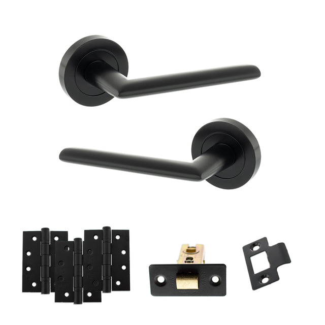 Quality image of STATUS Alabama Door Handle Pack (Latch Set - 2.5" CE Latch, 4" Fire Rated Hinges x3) - Matt Black | Sku. adps43rmb3 | available from Trade Door Handles.