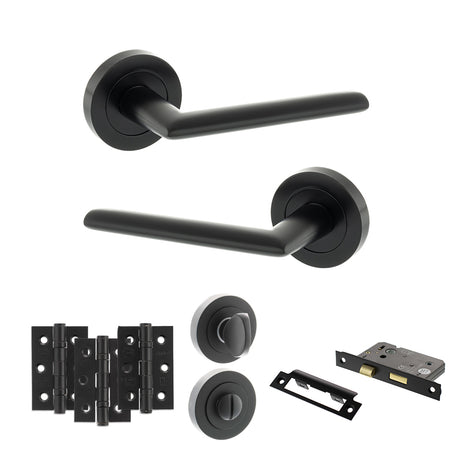 Quality image of STATUS Alabama Door Handle Pack (Bathroom Set - 2.5" CE Bathroom Lock, 3" Fire Rated Hinges x3) - Matt Black | Sku. adps43rmb8 | available from Trade Door Handles.