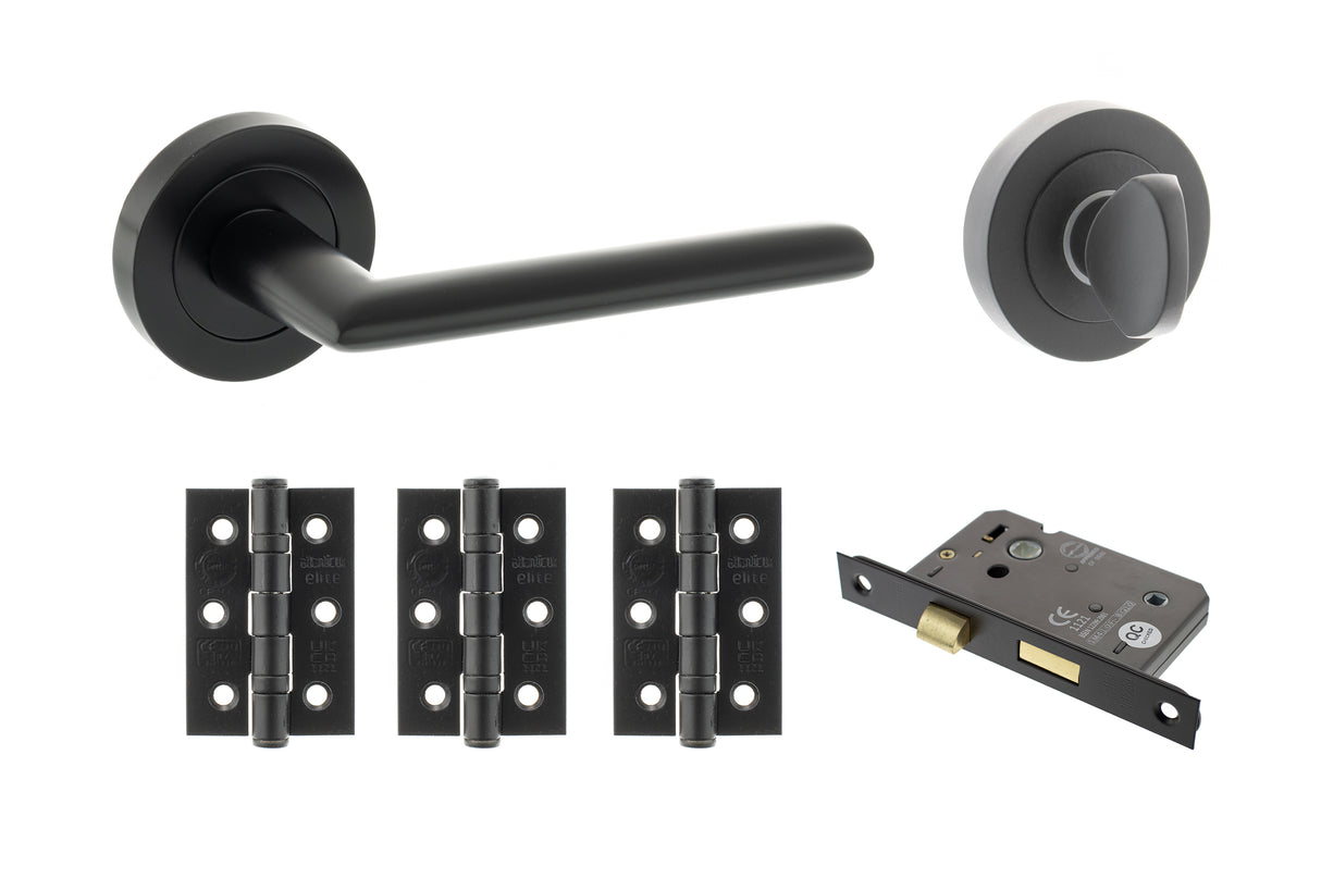 Quality image of STATUS Alabama Door Handle Pack (Bathroom Set - 3" CE Bathroom Lock, 3" Fire Rated Hinges x3) - Matt Black | Sku. adps43rmb9 | available from Trade Door Handles.