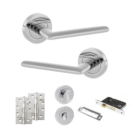 Quality image of STATUS Alabama Door Handle Pack (Bathroom Set - 2.5" CE Bathroom Lock, 4" Slim Knuckle Hinges x2) - Polished Chrome | Sku. adps43rpc12 | available from Trade Door Handles.