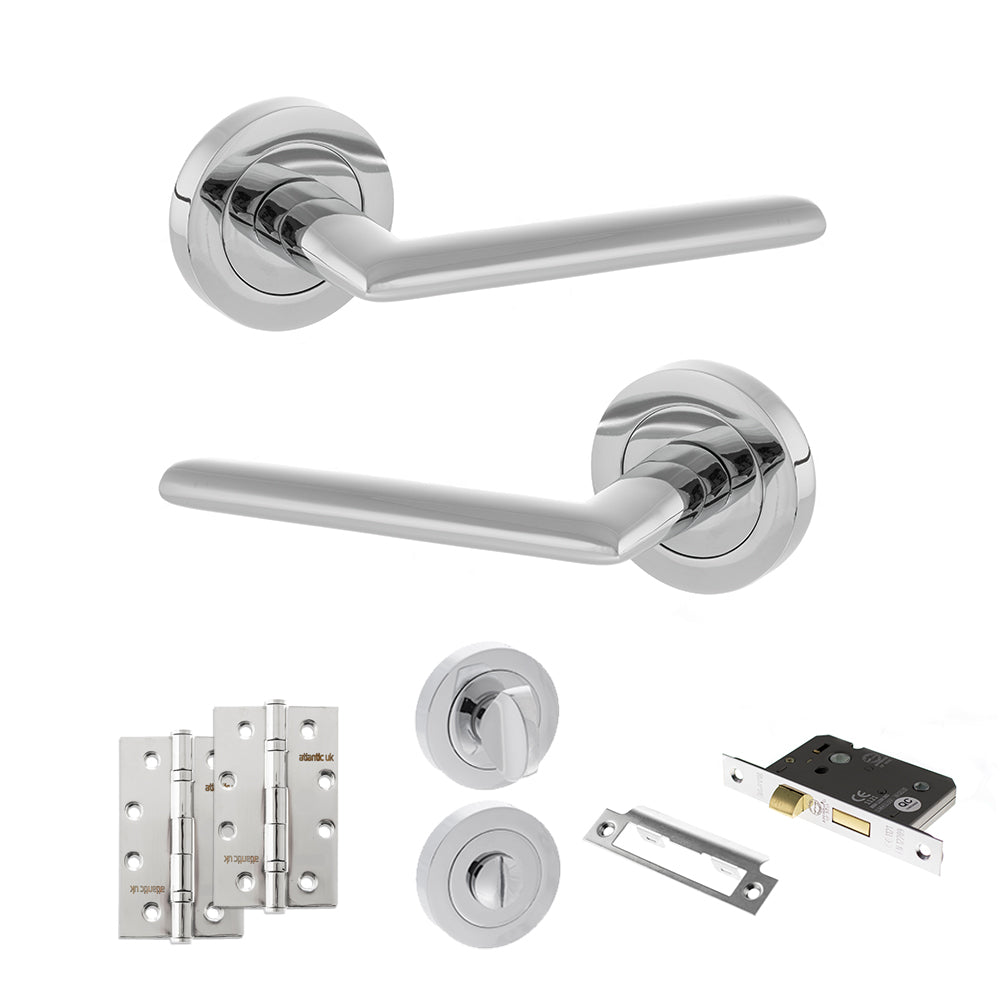 Quality image of STATUS Alabama Door Handle Pack (Bathroom Set - 3" CE Bathroom Lock, 4" Slim Knuckle Hinges x2) - Polished Chrome | Sku. adps43rpc13 | available from Trade Door Handles.