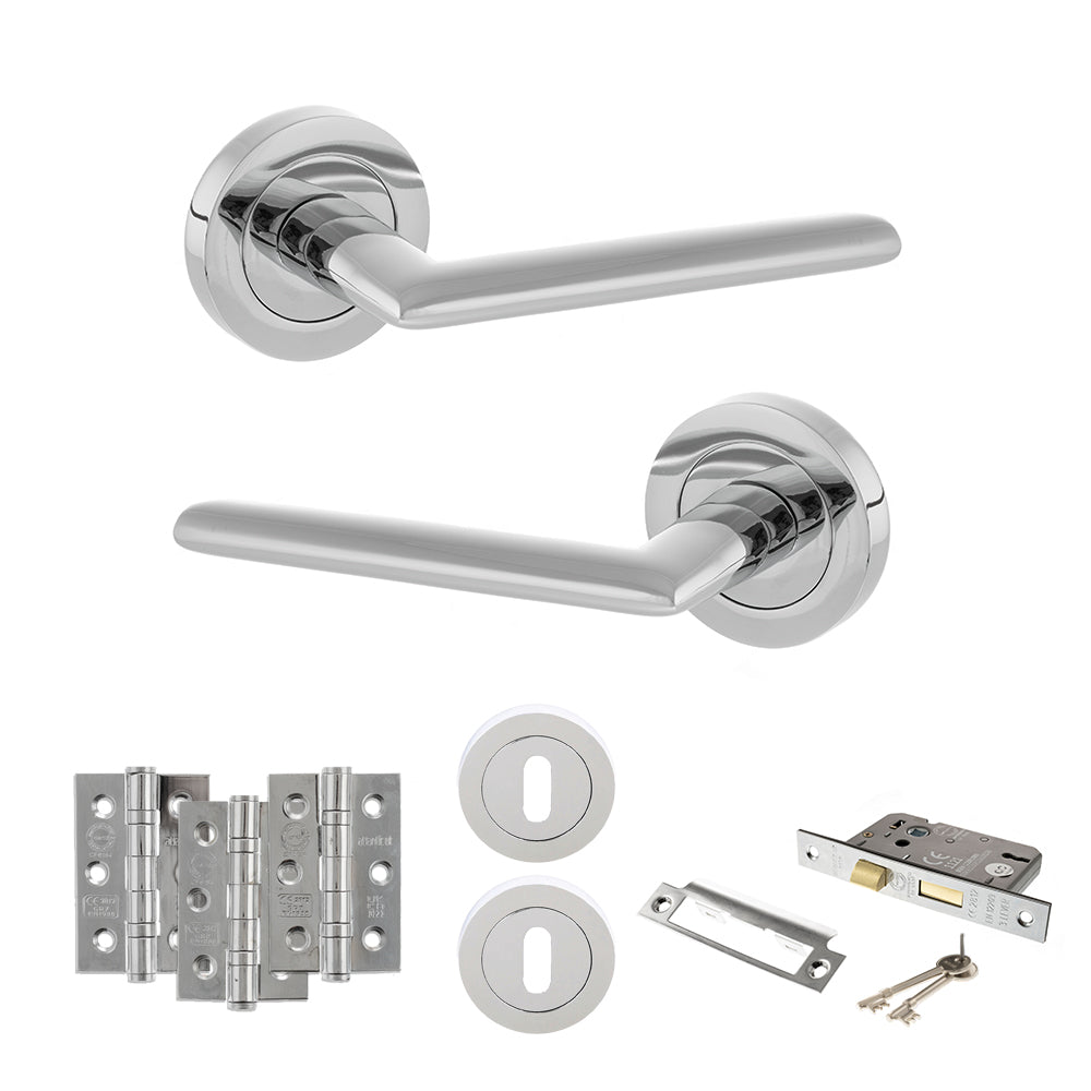Quality image of STATUS Alabama Door Handle Pack (3 Lever Lock Set - 3" CE Sashlock, 3" Fire Rated Hinges x3) - Polished Chrome | Sku. adps43rpc15 | available from Trade Door Handles.