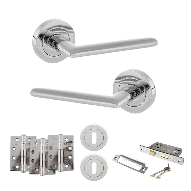Quality image of STATUS Alabama Door Handle Pack (3 Lever Lock Set - 3" CE Sashlock, 4" Fire Rated Hinges x3) - Polished Chrome | Sku. adps43rpc17 | available from Trade Door Handles.
