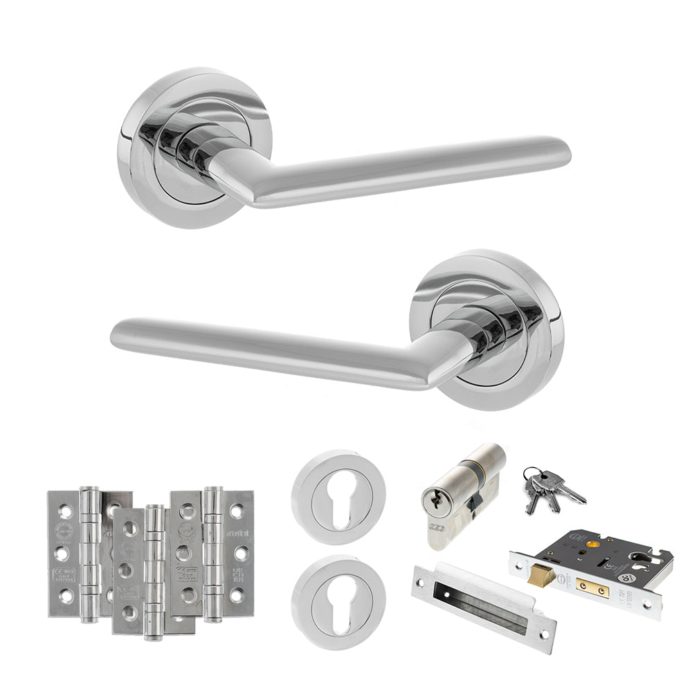 Quality image of STATUS Alabama Door Handle Pack (Euro Lock Set - 2.5" CE Sashlock, 3" Fire Rated Hinges x3) - Polished Chrome | Sku. adps43rpc20 | available from Trade Door Handles.