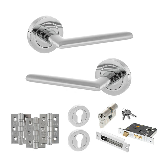 Quality image of STATUS Alabama Door Handle Pack (Euro Lock Set - 2.5" CE Sashlock, 3" Fire Rated Hinges x3) - Polished Chrome | Sku. adps43rpc20 | available from Trade Door Handles.