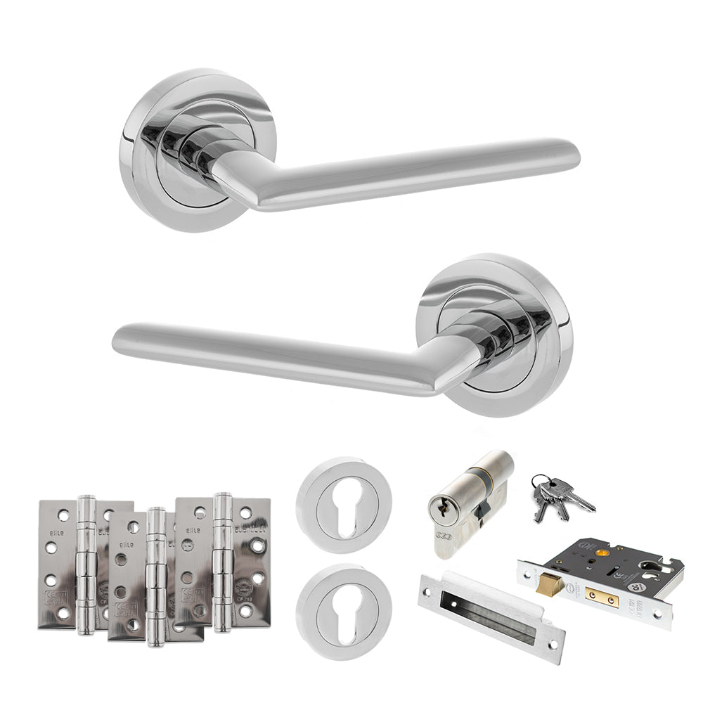 Quality image of STATUS Alabama Door Handle Pack (Euro Lock Set - 3" CE Sashlock, 4" Fire Rated Hinges x3) - Polished Chrome | Sku. adps43rpc23 | available from Trade Door Handles.
