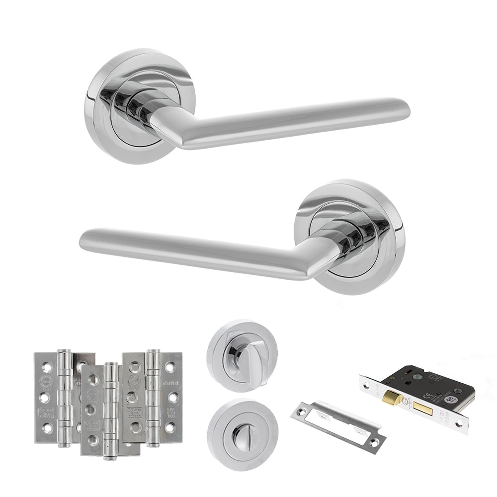 Quality image of STATUS Alabama Door Handle Pack (Bathroom Set - 2.5" CE Bathroom Lock, 3" Fire Rated Hinges x3) - Polished Chrome | Sku. adps43rpc8 | available from Trade Door Handles.