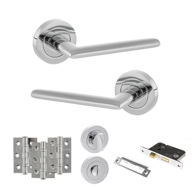 Quality image of STATUS Alabama Door Handle Pack (Bathroom Set - 3" CE Bathroom Lock, 3" Fire Rated Hinges x3) - Polished Chrome | Sku. adps43rpc9 | available from Trade Door Handles.