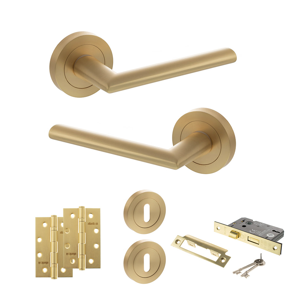 Quality image of STATUS Alabama Door Handle Pack (3 Lever Lock Set - 2.5" CE Sashlock, 4" Slim Knuckle Hinges x2) - Satin Brass | Sku. adps43rsb18 | available from Trade Door Handles.