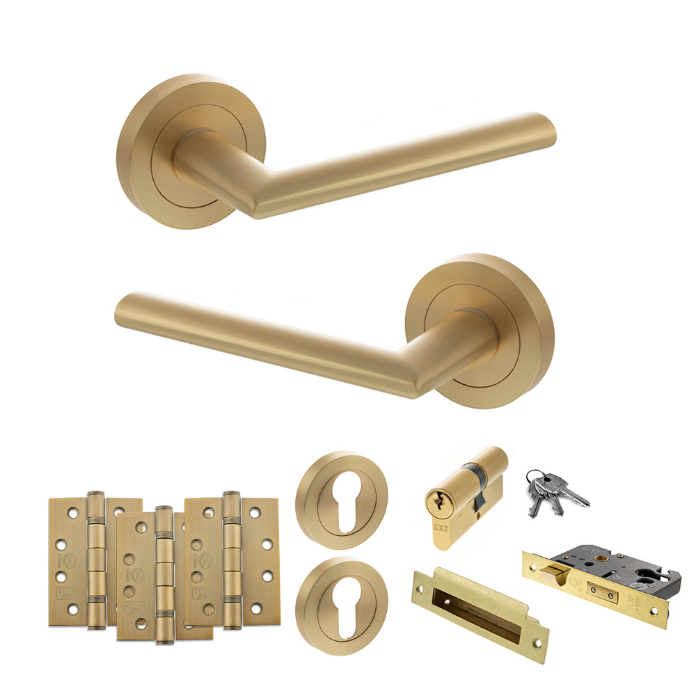 Quality image of STATUS Alabama Door Handle Pack (Euro Lock Set - 2.5" CE Sashlock, 4" Fire Rated Hinges x3) - Satin Brass | Sku. adps43rsb22 | available from Trade Door Handles.