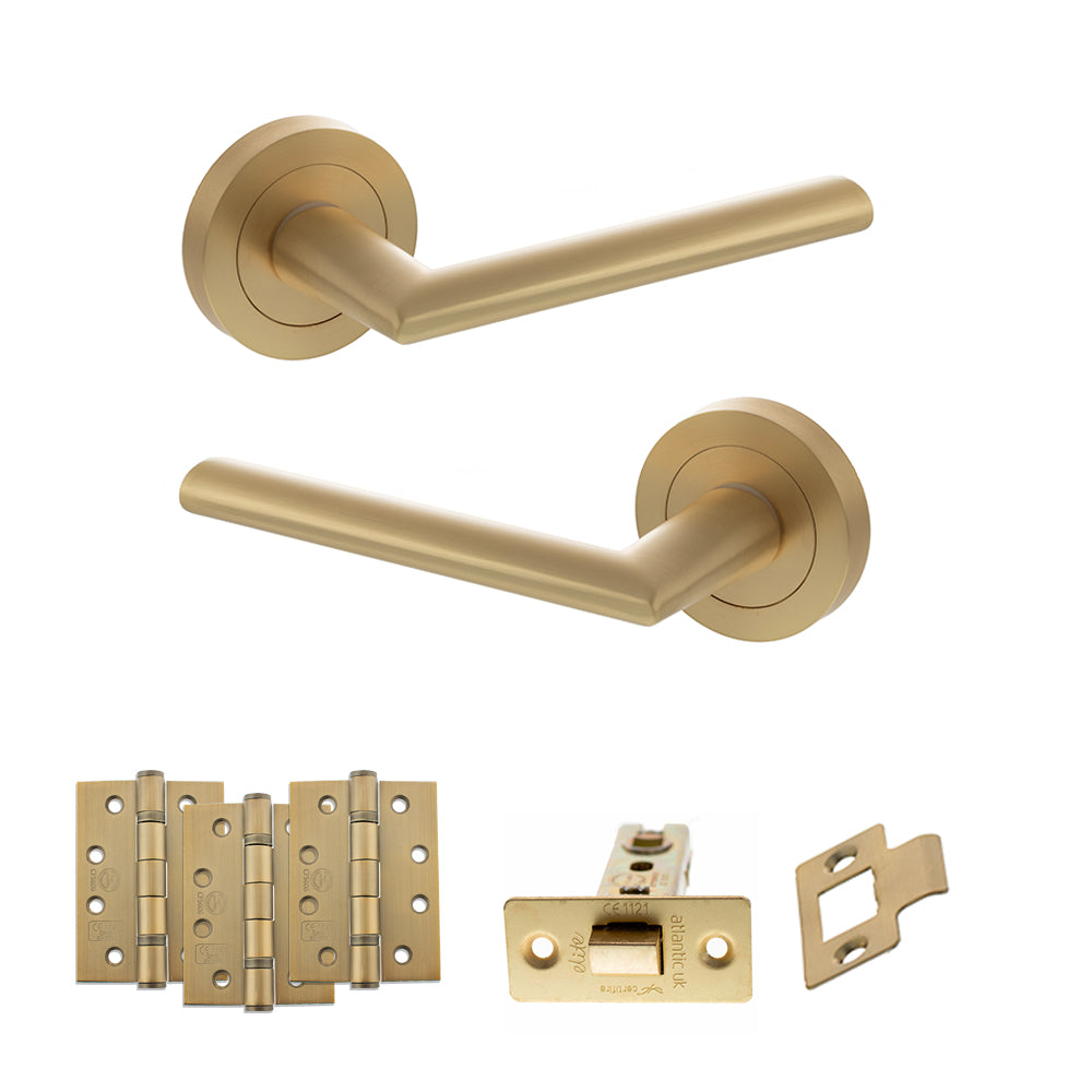 Quality image of STATUS Alabama Door Handle Pack (Latch Set - 3" CE Latch, 4" Fire Rated Hinges x3) - Satin Brass | Sku. adps43rsb4 | available from Trade Door Handles.