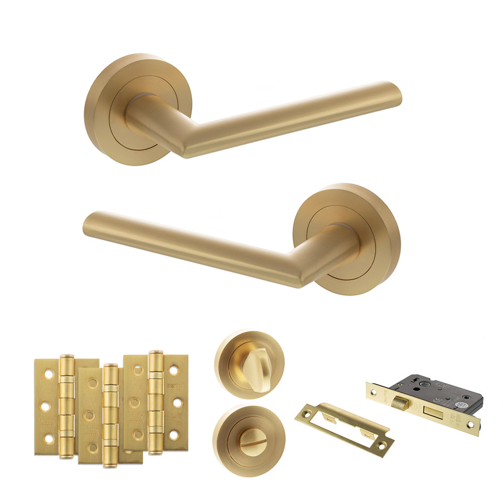 Quality image of STATUS Alabama Door Handle Pack (Bathroom Set - 2.5" CE Bathroom Lock, 3" Fire Rated Hinges x3) - Satin Brass | Sku. adps43rsb8 | available from Trade Door Handles.