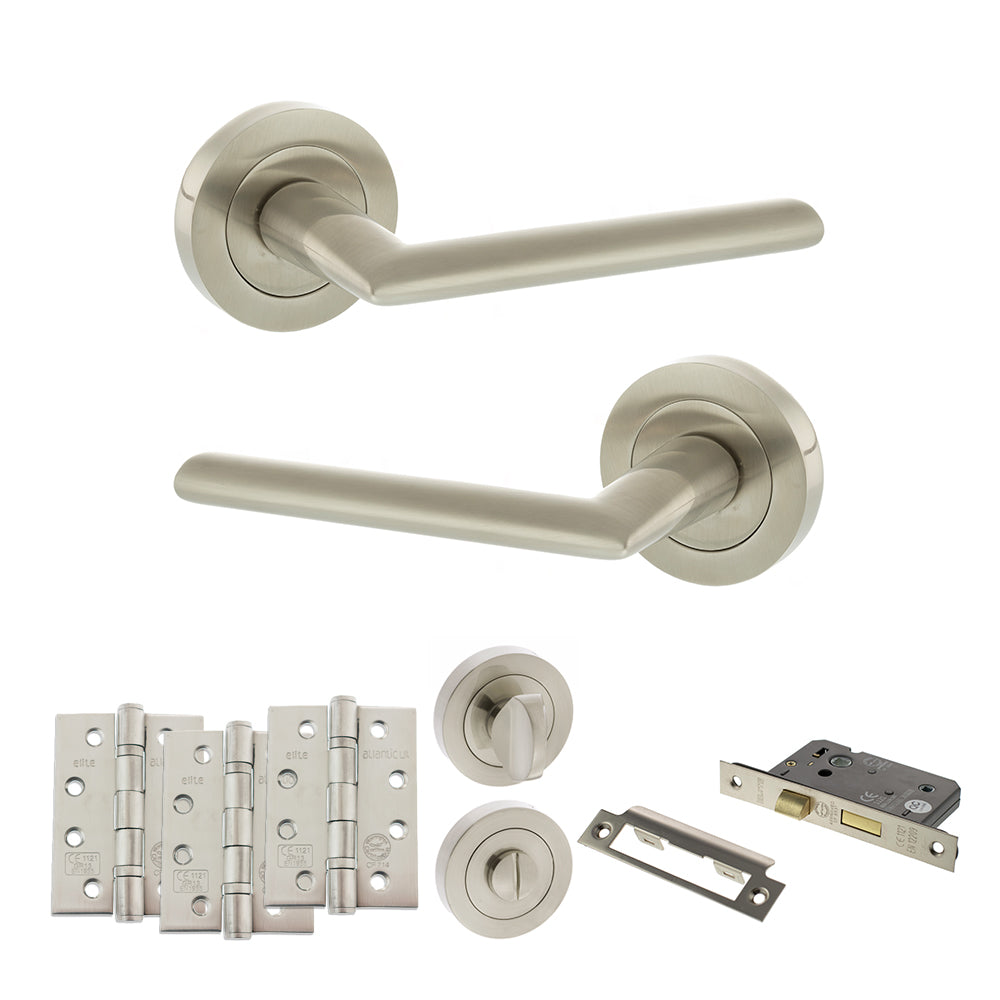 Quality image of STATUS Alabama Door Handle Pack (Bathroom Set - 3" CE Bathroom Lock, 4" Fire Rated Hinges x3) - Satin Nickel | Sku. adps43rsn11 | available from Trade Door Handles.