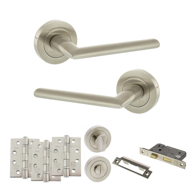Quality image of STATUS Alabama Door Handle Pack (Bathroom Set - 3" CE Bathroom Lock, 4" Fire Rated Hinges x3) - Satin Nickel | Sku. adps43rsn11 | available from Trade Door Handles.