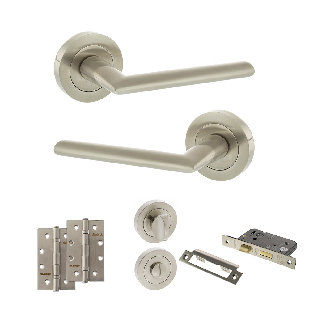 Quality image of STATUS Alabama Door Handle Pack (Bathroom Set - 2.5" CE Bathroom Lock, 4" Slim Knuckle Hinges x2) - Satin Nickel | Sku. adps43rsn12 | available from Trade Door Handles.