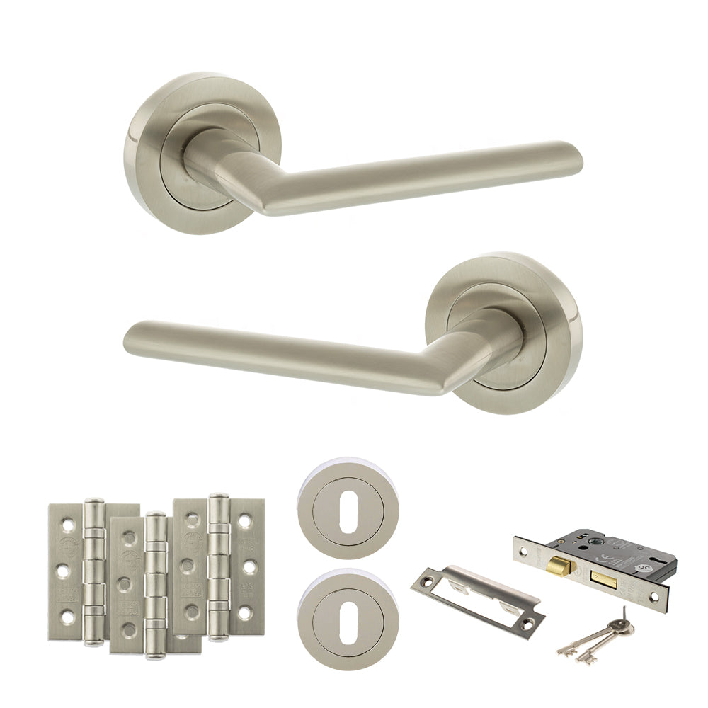 Quality image of STATUS Alabama Door Handle Pack (3 Lever Lock Set - 2.5" CE Sashlock, 3" Fire Rated Hinges x3) - Satin Nickel | Sku. adps43rsn14 | available from Trade Door Handles.