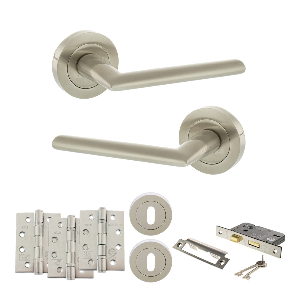 Quality image of STATUS Alabama Door Handle Pack (3 Lever Lock Set - 3" CE Sashlock, 4" Fire Rated Hinges x3) - Satin Nickel | Sku. adps43rsn17 | available from Trade Door Handles.