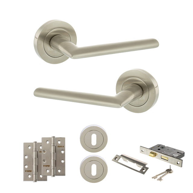 Quality image of STATUS Alabama Door Handle Pack (3 Lever Lock Set - 3" CE Sashlock, 4" Slim Knuckle Hinges x2) - Satin Nickel | Sku. adps43rsn19 | available from Trade Door Handles.