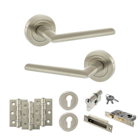Quality image of STATUS Alabama Door Handle Pack (Euro Lock Set - 3" CE Sashlock, 3" Fire Rated Hinges x3) - Satin Nickel | Sku. adps43rsn21 | available from Trade Door Handles.