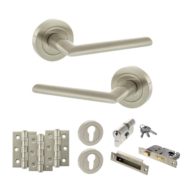 Quality image of STATUS Alabama Door Handle Pack (Euro Lock Set - 3" CE Sashlock, 3" Fire Rated Hinges x3) - Satin Nickel | Sku. adps43rsn21 | available from Trade Door Handles.