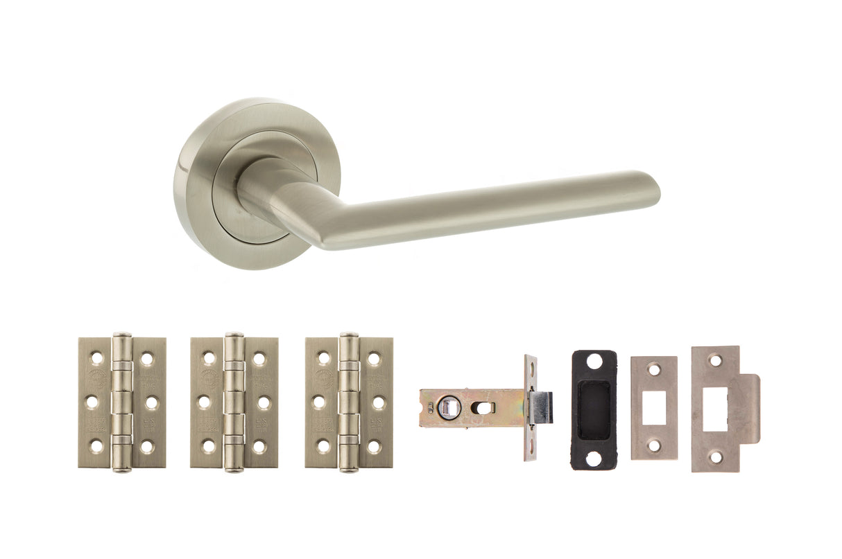 Quality image of STATUS Alabama Door Handle Pack (Latch Set - 2.5" CE Latch, 3" Fire Rated Hinges x3) - Satin Nickel | Sku. adps43rsn1 | available from Trade Door Handles.