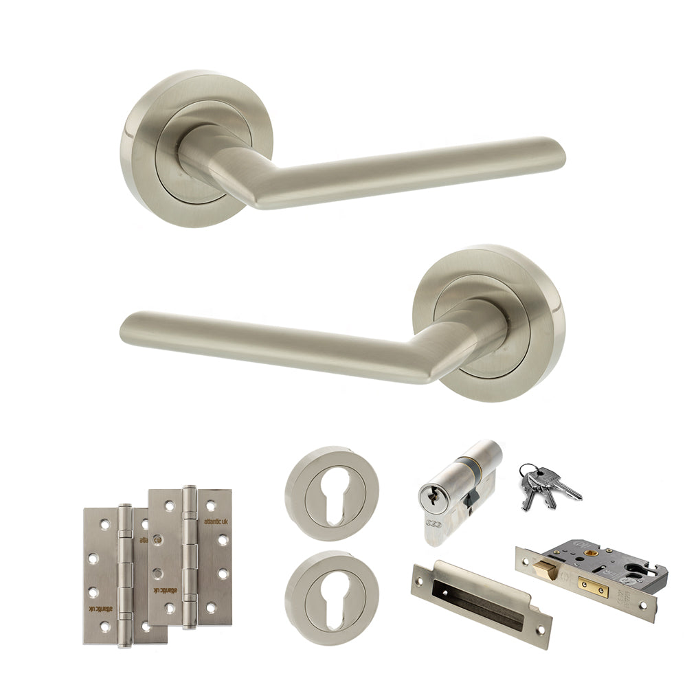 Quality image of STATUS Alabama Door Handle Pack (Euro Lock Set - 3" CE Sashlock, 4" Slim Knuckle Hinges x2) - Satin Nickel | Sku. adps43rsn25 | available from Trade Door Handles.