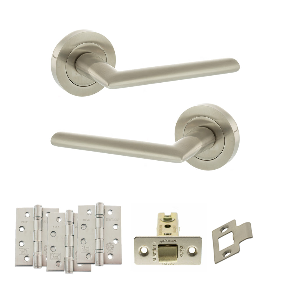 Quality image of STATUS Alabama Door Handle Pack (Latch Set - 3" CE Latch, 4" Fire Rated Hinges x3) - Satin Nickel | Sku. adps43rsn4 | available from Trade Door Handles.