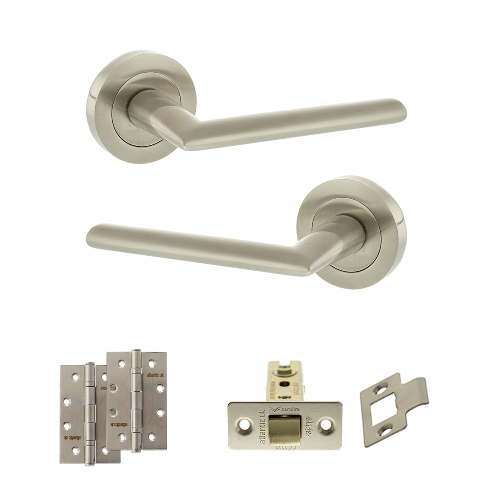 Quality image of STATUS Alabama Door Handle Pack (Latch Set - 2.5" CE Latch, 4" Slim Knuckle Hinges x2) - Satin Nickel | Sku. adps43rsn5 | available from Trade Door Handles.