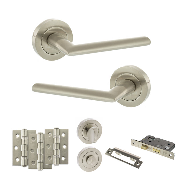 Quality image of STATUS Alabama Door Handle Pack (Bathroom Set - 3" CE Bathroom Lock, 3" Fire Rated Hinges x3) - Satin Nickel | Sku. adps43rsn9 | available from Trade Door Handles.
