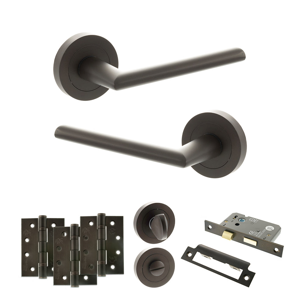 Quality image of STATUS Alabama Door Handle Pack (Bathroom Set - 2.5" CE Bathroom Lock, 4" Fire Rated Hinges x3) - Urban Dark Bronze | Sku. adps43rudb10 | available from Trade Door Handles.