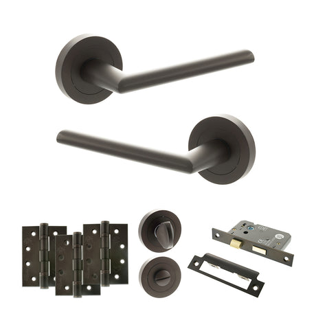 Quality image of STATUS Alabama Door Handle Pack (Bathroom Set - 2.5" CE Bathroom Lock, 4" Fire Rated Hinges x3) - Urban Dark Bronze | Sku. adps43rudb10 | available from Trade Door Handles.