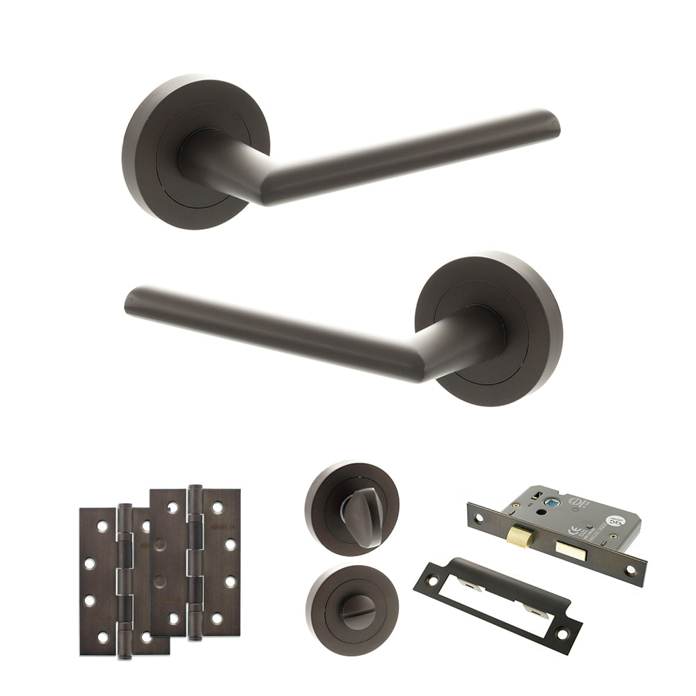 Quality image of STATUS Alabama Door Handle Pack (Bathroom Set - 3" CE Bathroom Lock, 4" Slim Knuckle Hinges x2) - Urban Dark Bronze | Sku. adps43rudb13 | available from Trade Door Handles.