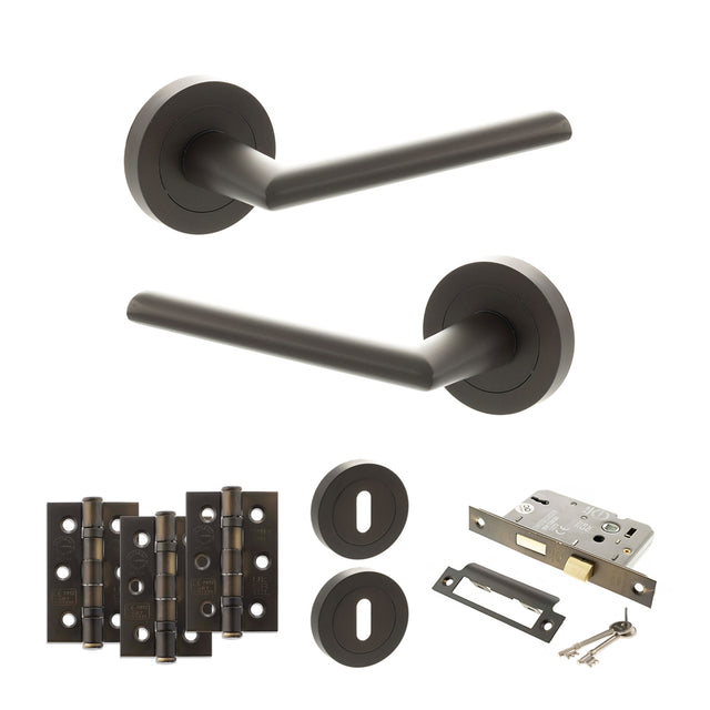 Quality image of STATUS Alabama Door Handle Pack (3 Lever Lock Set - 2.5" CE Sashlock, 3" Fire Rated Hinges x3) - Urban Dark Bronze | Sku. adps43rudb14 | available from Trade Door Handles.