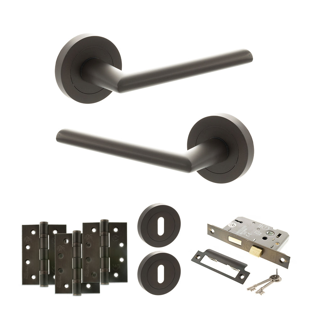 Quality image of STATUS Alabama Door Handle Pack (3 Lever Lock Set - 2.5" CE Sashlock, 4" Fire Rated Hinges x3) - Urban Dark Bronze | Sku. adps43rudb16 | available from Trade Door Handles.