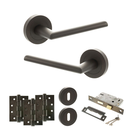 Quality image of STATUS Alabama Door Handle Pack (3 Lever Lock Set - 2.5" CE Sashlock, 4" Fire Rated Hinges x3) - Urban Dark Bronze | Sku. adps43rudb16 | available from Trade Door Handles.