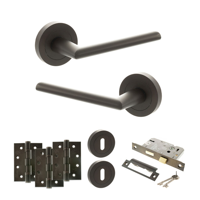 Quality image of STATUS Alabama Door Handle Pack (3 Lever Lock Set - 2.5" CE Sashlock, 4" Fire Rated Hinges x3) - Urban Dark Bronze | Sku. adps43rudb16 | available from Trade Door Handles.