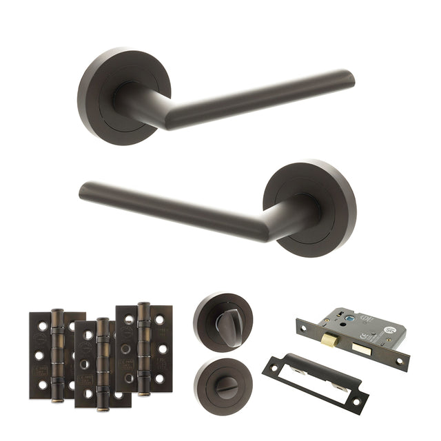 Quality image of STATUS Alabama Door Handle Pack (Bathroom Set - 2.5" CE Bathroom Lock, 3" Fire Rated Hinges x3) - Urban Dark Bronze | Sku. adps43rudb8 | available from Trade Door Handles.