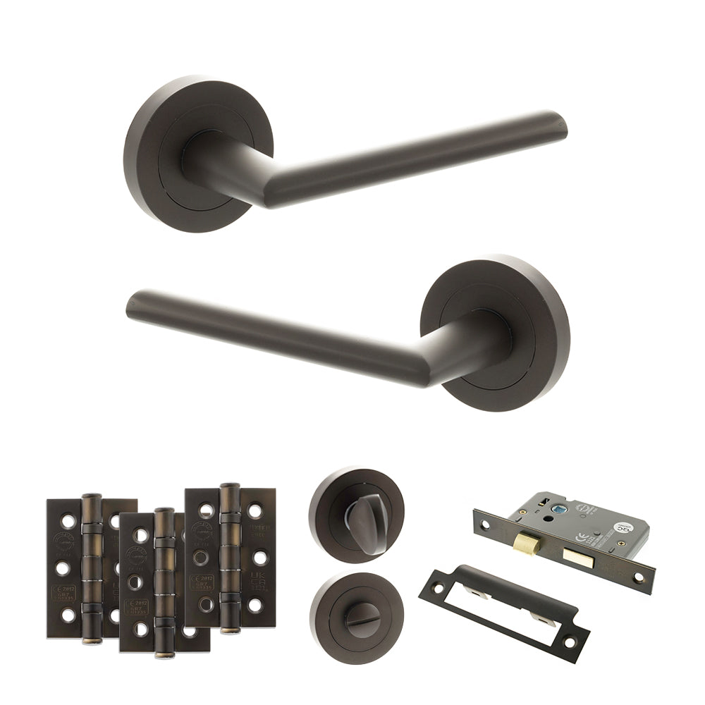 Quality image of STATUS Alabama Door Handle Pack (Bathroom Set - 3" CE Bathroom Lock, 3" Fire Rated Hinges x3) - Urban Dark Bronze | Sku. adps43rudb9 | available from Trade Door Handles.