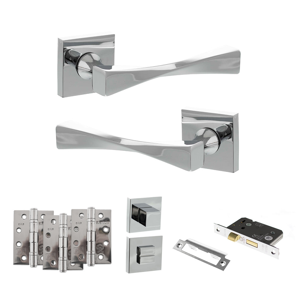 Quality image of Senza Pari Guido Door Handle Pack (Bathroom Set - 3" CE Bathroom Lock, 4" Fire Rated Hinges x3) - Polished Chrome | Sku. adpsp190cp11 | available from Trade Door Handles.