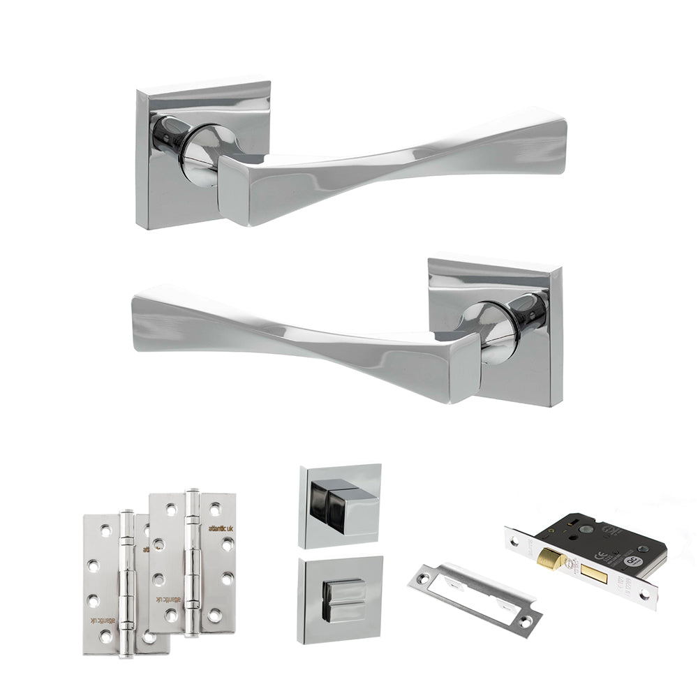 Quality image of Senza Pari Guido Door Handle Pack (Bathroom Set - 3" CE Bathroom Lock, 4" Slim Knuckle Hinges x2) - Polished Chrome | Sku. adpsp190cp13 | available from Trade Door Handles.