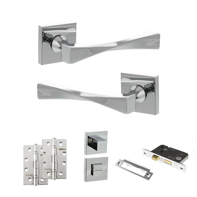 Quality image of Senza Pari Guido Door Handle Pack (Bathroom Set - 3" CE Bathroom Lock, 4" Slim Knuckle Hinges x2) - Polished Chrome | Sku. adpsp190cp13 | available from Trade Door Handles.